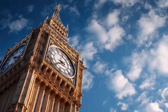 Closeup view of Big Ben London under a blue sky scattered with clouds