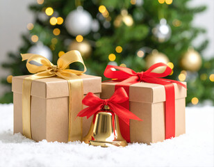 Christmas gift boxes with bows and bells cozy home setting holiday decor festive atmosphere close-up view