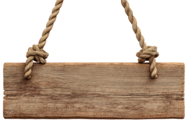 Aged wood sign hanging with rope looks lonely