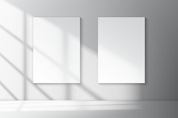 Realistic vector mockup of two white vertical A4 posters with soft shadows of window inside empty minimalistic interior. Print or product presentation template