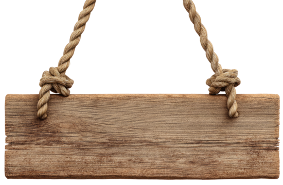 Aged wood sign hanging with rope looks lonely