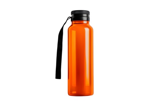 Sleek orange water bottle with black cap on white background