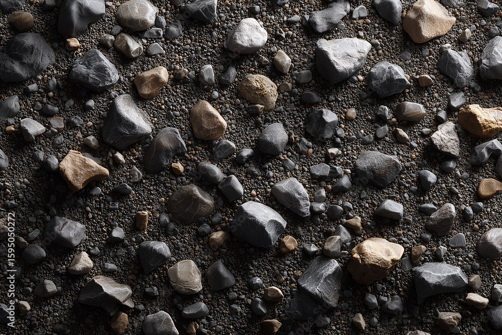 Poster close-up of mixed-size rock on the ground, showcasing varying colors and textures, creating an inter