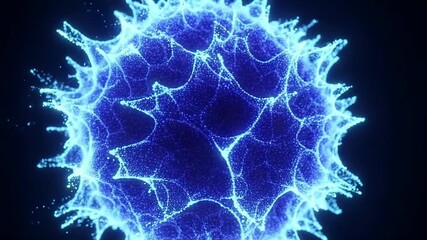 A glowing blue abstract particle structure resembling a virus or cell - Powered by Adobe