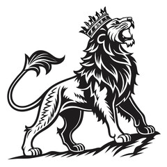 Fototapeta premium A regal lion wearing a crown, roaring powerfully, isolated on white