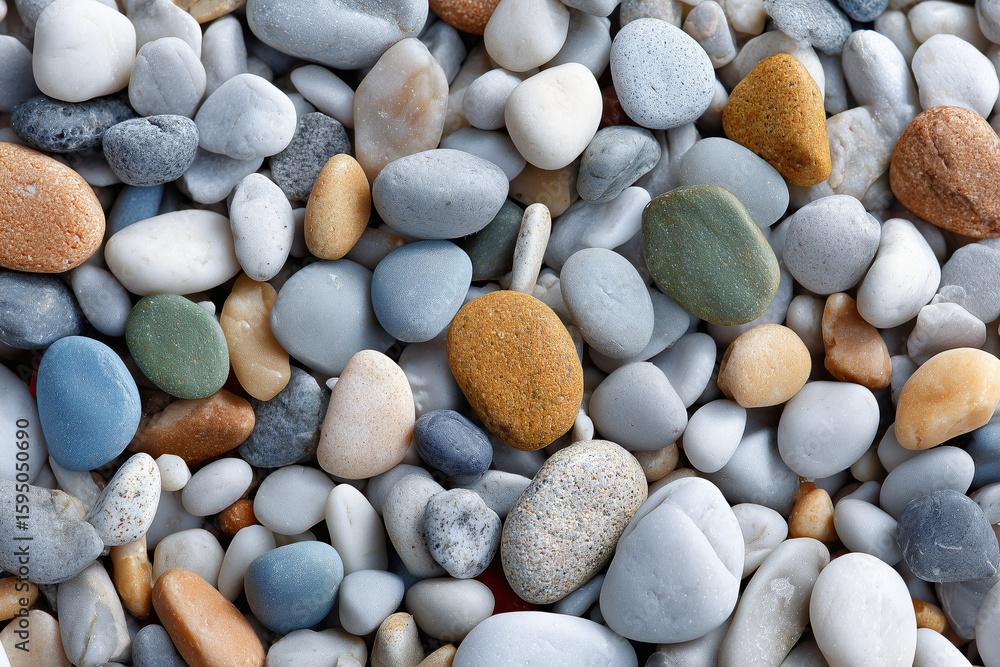 Poster a colorful collection of smooth stones. these rocks vary in size, shape, and color, creating a visua
