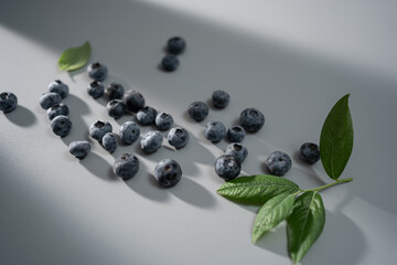 Fresh blueberries scattered on a light surface with vibrant green leaves enhancing the natural beauty