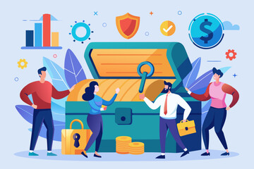 Team unlocking treasure chest with key and financial symbols