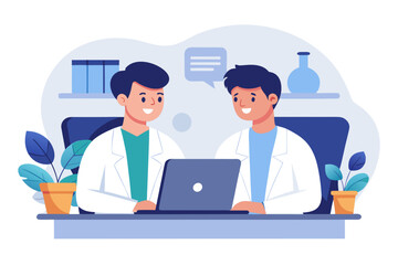 Two doctors in lab coats collaborating at a desk with a laptop