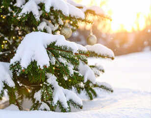 Winter wonderland snow-covered christmas tree outdoor setting nature landscape warm glow festive...