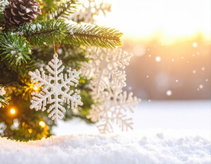 Festive winter scene with snowflakes and christmas tree outdoor nature cozy atmosphere close-up holiday cheer