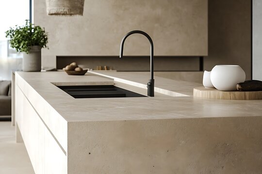 Peaceful Nordic kitchen showcasing beige concrete countertops, soft-toned walls, and understated design elements - Powered by Adobe