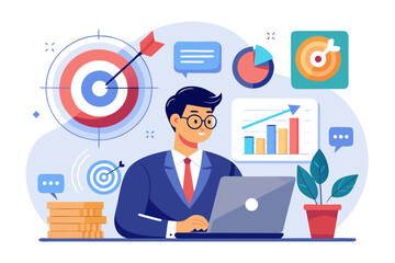 Businessman working on laptop with financial growth and goal achievement symbols