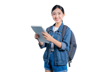 A friendly and confident young Asian student holding a notebook and smiling at the camera, ready to...