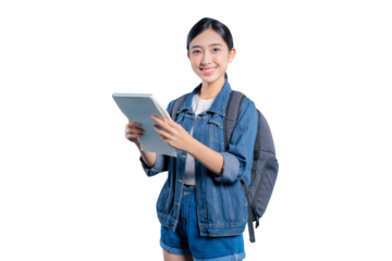 A friendly and confident young Asian student holding a notebook and smiling at the camera, ready to learn.on png 