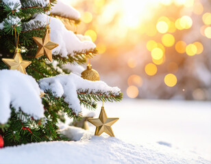Winter wonderland celebration christmas tree outdoor scene sunset glow festive atmosphere nature's beauty
