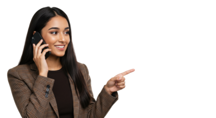 Young Middle Eastern woman in brown plaid blazer and black top, holding smartphone to ear, pointing right, against a transparent studio background with copy space, concept of modern communication and