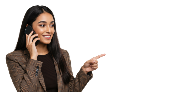 Young Middle Eastern woman in brown plaid blazer and black top, holding smartphone to ear, pointing right, against a transparent studio background with copy space, concept of modern communication and