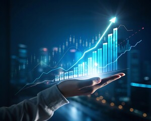 Hand holding glowing upward trending financial graph with data visualization