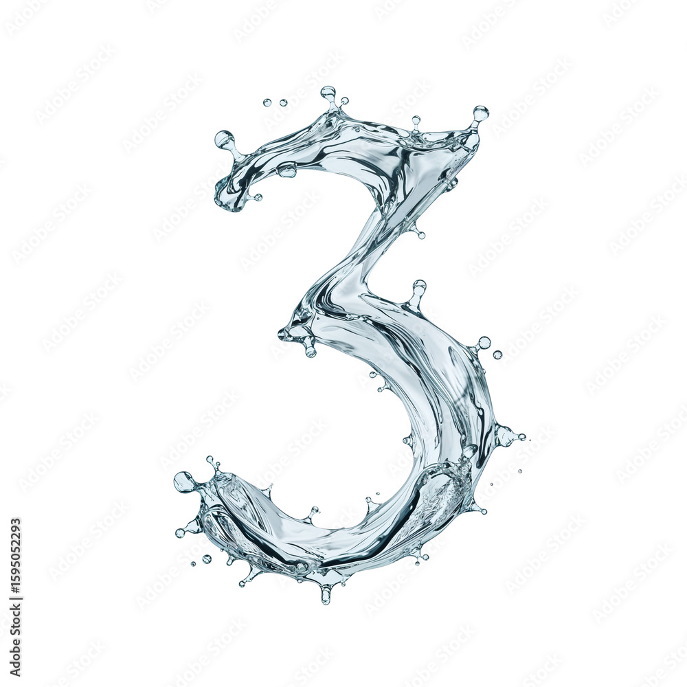 Poster water numeral three artistic creation liquid motion dynamic aqueous typography freshness