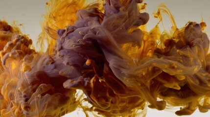 Mesmerizing display of swirling golden-orange and deep purple ink in water, creating intricate, flowing patterns with dynamic, organic movement and fluidity.