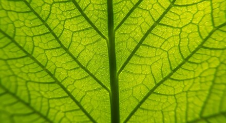 Obraz premium Vibrant Green Leaf Macro: Detailed Vein Structure, Backlit, Natural Texture, Lush, Springtime Botany
