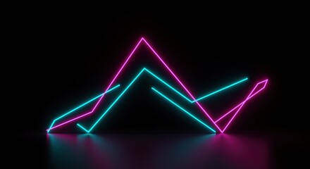 Neon glowing mountain-shaped chart with purple and cyan lines creating triangular peaks on dark background. Abstract geometric data visualization with vibrant colors and futuristic design