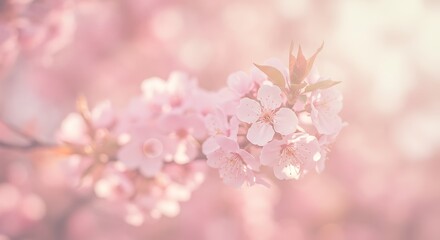 Obraz premium Soft Pink Blossom Branch, Delicate Spring Flowers, Gentle Sunlight, Dreamy Pastel Background