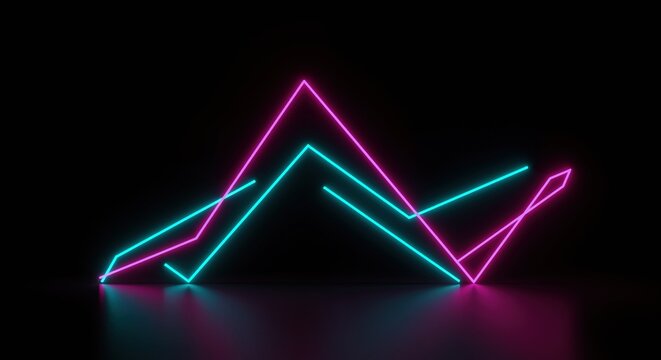 Neon glowing mountain-shaped chart with purple and cyan lines creating triangular peaks on dark background. Abstract geometric data visualization with vibrant colors and futuristic design