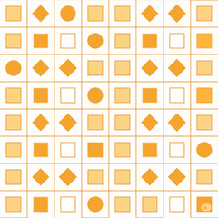 Clean seamless geometric grid pattern with alternating circles, squares, and diamonds in warm orange tones on a white background.