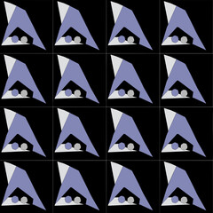 Abstract seamless pattern with repeating geometric shapes resembling stylized faces or futuristic elements in blue-grey and white on black.