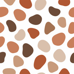 Organic seamless pattern of irregular pebble shapes in earthy brown and beige tones on a white background, evoking a natural, minimalist feel.