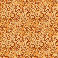 Elegant seamless pattern of intricate swirling floral and scroll motifs in warm brown, orange, and beige tones, conveying vintage charm.