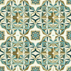 Intricate seamless geometric pattern with faceted star and kaleidoscope motifs in muted teal, gold, and white, evoking an elegant mosaic or tile.