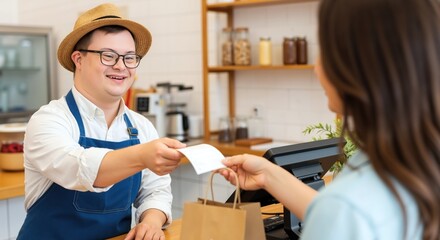Smiling man with Down syndrome working as barista handing receipt to customer in coffee shop. Professional service worker with special needs demonstrating inclusive employment. Workplace inclusion