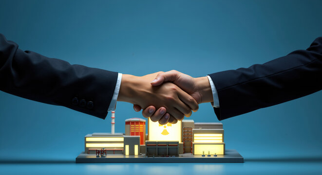 Business handshake over miniature industrial facility model representing partnership in manufacturing sector. agreement with factory building scale model underneath. Industrial cooperation
