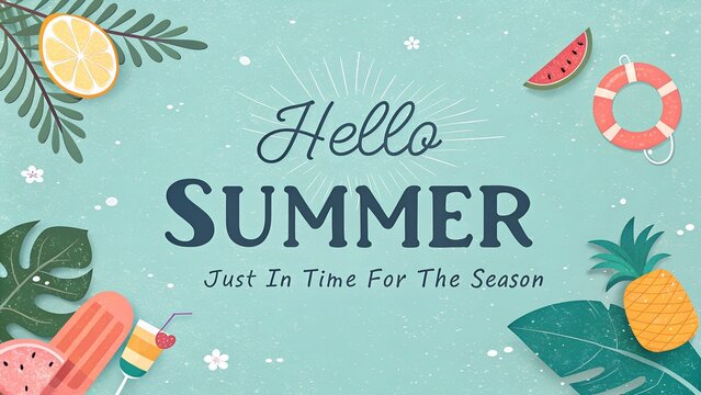 Hello summer themed background with fruits and leaves for a summer season greeting design