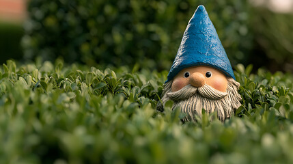 Garden gnome hiding in lush greenery, adding a whimsical touch to outdoor decor. Blue hat and bushy beard peering from a boxwood hedge.