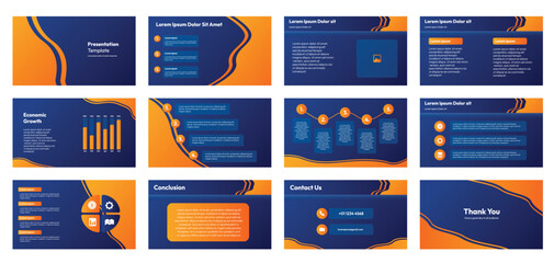 Modern Business Presentation Template Design with Abstract Blue and Orange Waves, Corporate Slides for Marketing, Finance, and Economic Growth Reports