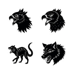 Aggressive predator animal heads; fierce eagle, snarling wolf, thylacine; monochrome vector illustrations.