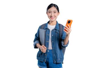 A happy young Asian student holding a smartphone and folder, smiling confidently at the camera.on png 
