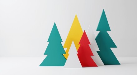 Fototapeta premium Colorful Paper Christmas Trees Geometric Minimalist Holiday decoration Craft Project. Modern Festive Design Creative Handmade Ornament. Craft Horizontal Banner
