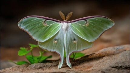 Beautiful luna moth on rock