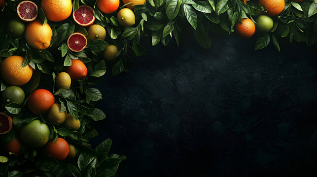 An arrangement of various citrus fruits including oranges, lemons, limes, and blood oranges, nestled amongst lush green leaves against a dark background.