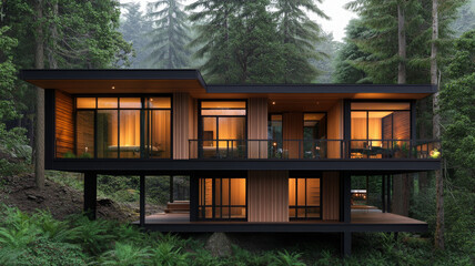 Modern arboretum treehouse with glass walls, warm lighting, surrounded by lush green forest