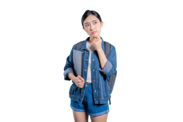 A young Asian student thinking with her hand on her chin, looking pensive or confused while trying to solve a problem. on png 