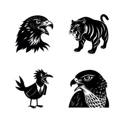 Fierce black and white wildlife vector illustrations: eagle, tiger, crow, falcon.