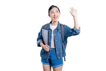 A cheerful young Asian student holding a laptop and waving her hand with an excited expression to greet someone on png 