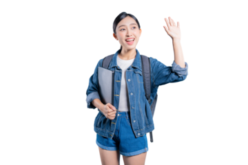 A cheerful young Asian student holding a laptop and waving her hand with an excited expression to greet someone on png