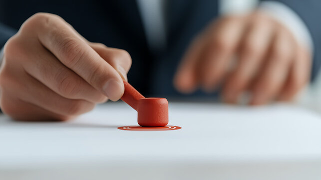 Seal of Approval: A hand presses a red stamp onto a document, signifying verification and authorization. Authentication in action.